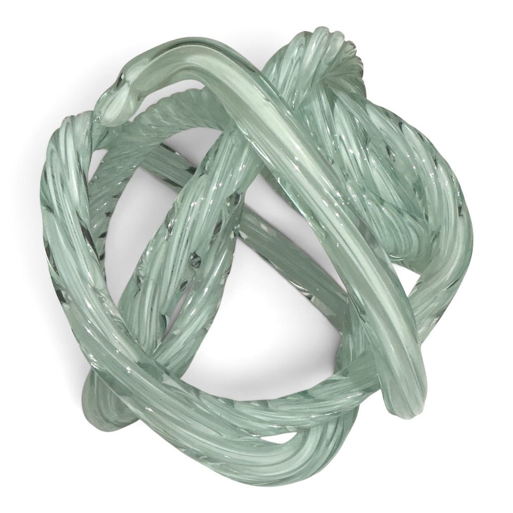 Art Glass Endless Knot Sculpture Aqua Seafoam Hand Blown Abstract Orb 6" Decor